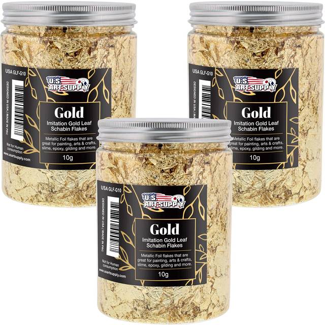 U.S. Art Supply Metallic Foil Schabin Gilding Gold Leaf Flakes - Imitation Gold in 10 Gram Bottle (Pack of 3) - Gild Picture Frames  Paintings  Furnit