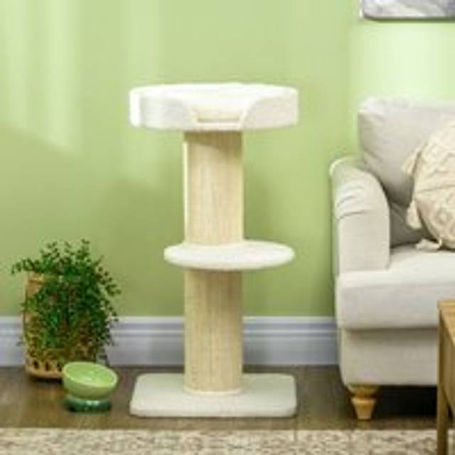 Pawhut 2 Tier Cat Resting Tree w/ Top Basket Cushion Sisal Post Cream White