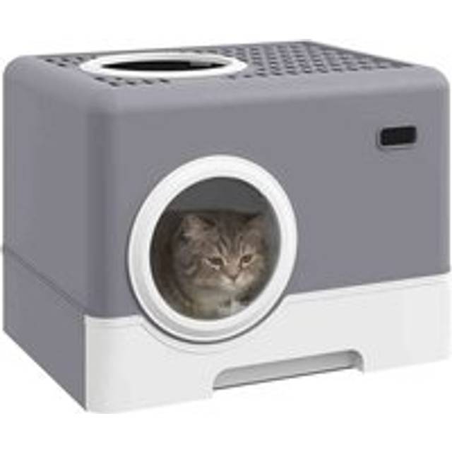 PawHut Enclosed Cat Litter Tray with Lid, Front Entry - Grey, Grey