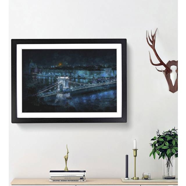 Chain Bridge in Budapest - Picture Frame Graphic Art Print - Black Framed (24cm H x 33cm W x 2cm D)