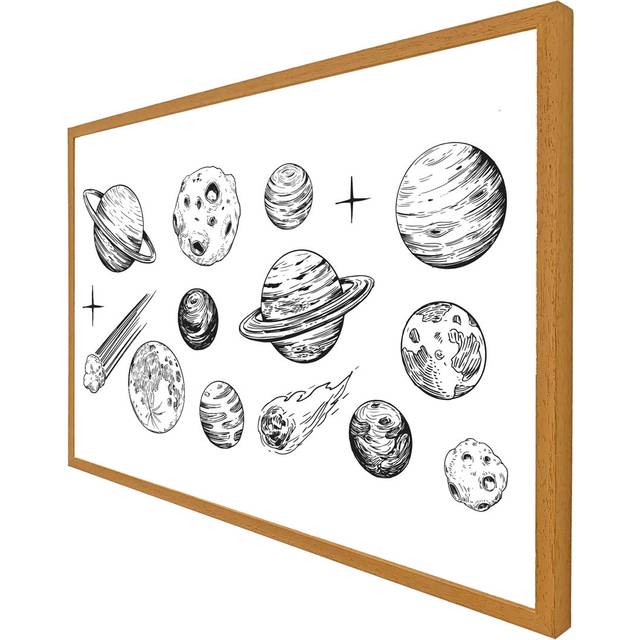 Calimesa Set Of Space Objects Planets, Stars - Single Picture Frame Art Prints - Oak Framed (76cm H x 114cm W x 4cm D)