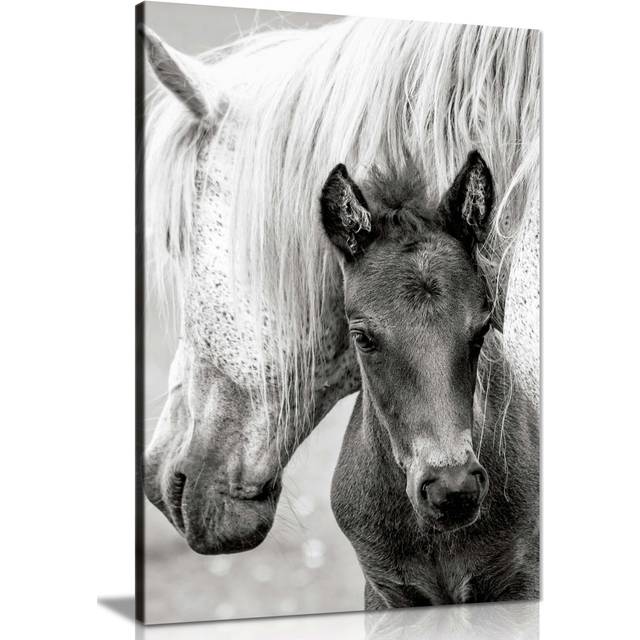 Panther Print Fine Art Prints Black & White Pony & Mother Affection Artistic Framed Canvas Print, Pictures For Home Walls, Bedroom, Living Room & Bath (31cm H x 20cm W)