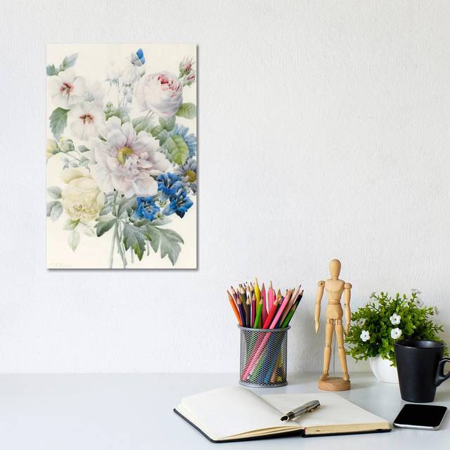 A Bunch of Flowers including a Peony, Roses, Hibiscus, Asters, Gentian and an Imaginary Blue Butterfly by Pierre-Joseph Redouté - Wrapped Canvas Paint (20.32 cm H x 30.48 cm W)