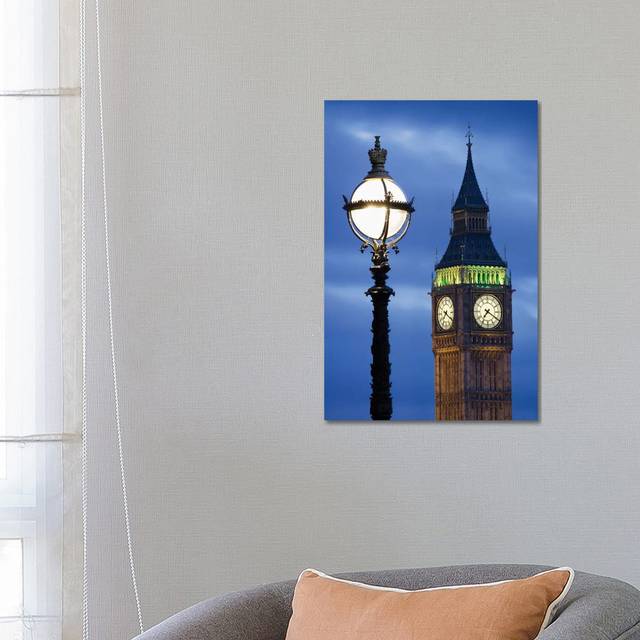 Europe, Great Britain, London, Big Ben. Clock Tower Lamp Post. by Jaynes Gallery - Wrapped Canvas Photograph (66.04cm H x 45.72cm W x 1.905cm D)
