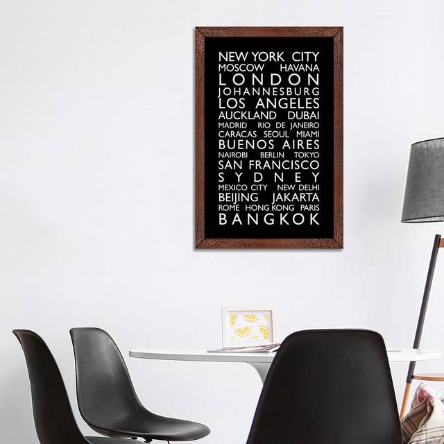 &#39;World Cities Bus Roll&#39; Graphic Art on Wrapped Canvas - Brown Framed (101.6cm H x 66.04cm W x 3.81cm D)
