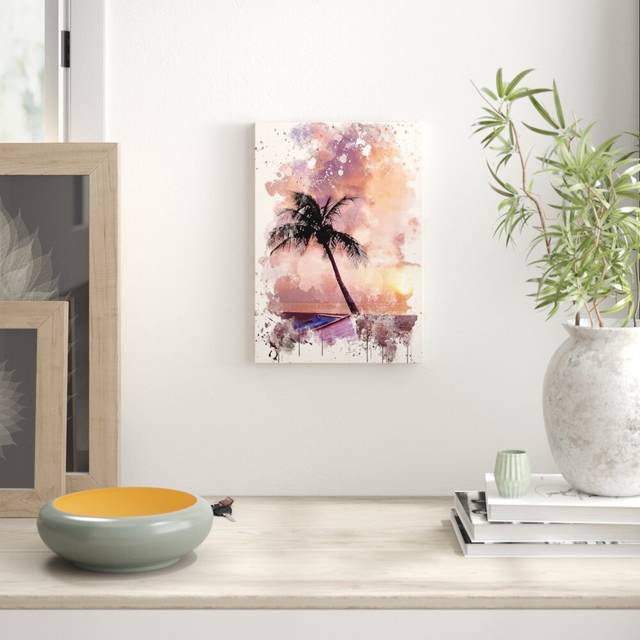 &#39;Beach Palm Tree & Boat Seascape&#39; Painting on Canvas (50cm H x 35cm W)