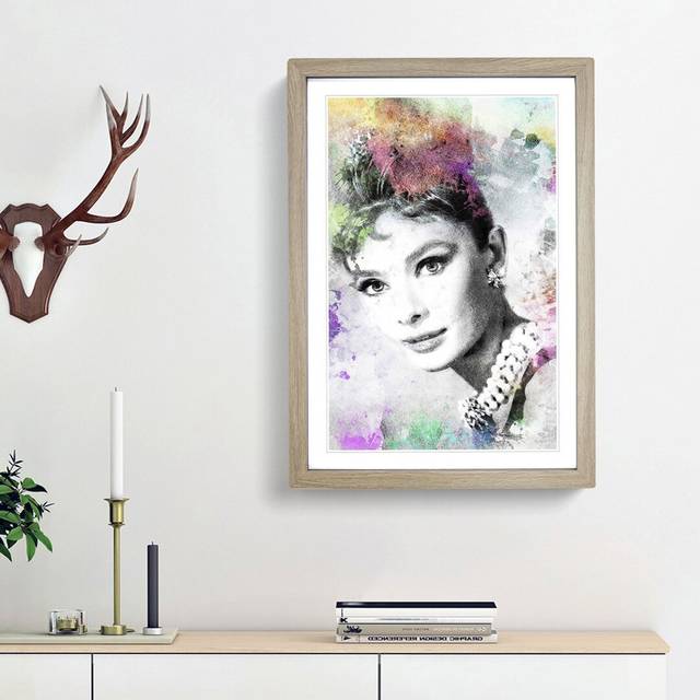 Audrey Hepburn Abstract Art - Picture Frame Painting Print on Paper - Oak Framed (45cm H x 33cm W x 2cm D)