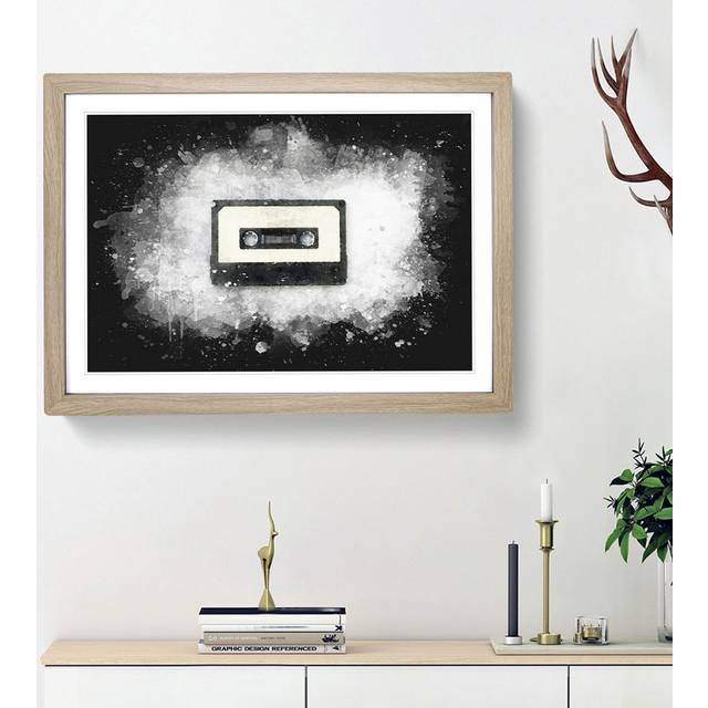 Retro Style Cassette Tape - Picture Frame Graphic Art - Oak Framed (62cm H x 87cm W x 2cm D)