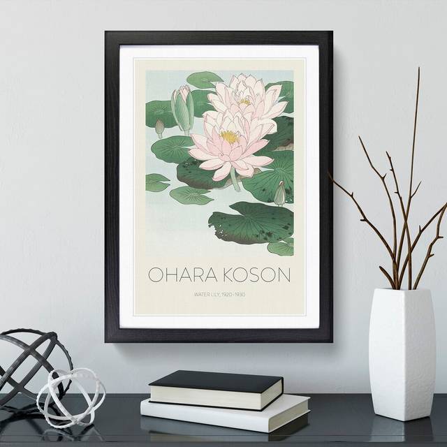 Pink Water Lilies Print by Ohara Koson - Picture Frame Painting - Black Framed (48cm H x 36cm W x 2cm D)