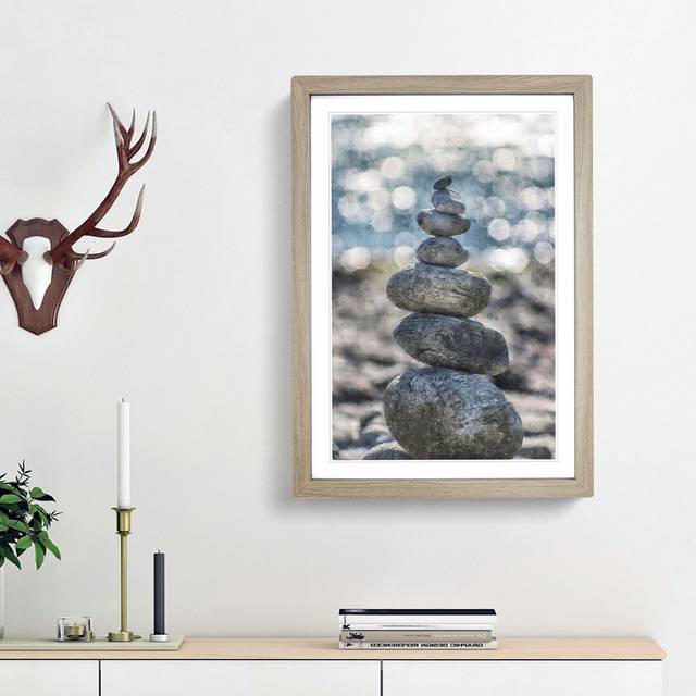 Stacked Zen Stones Painting - Picture Frame Graphic Art - Oak Framed (63cm H x 45cm W x 2cm D)