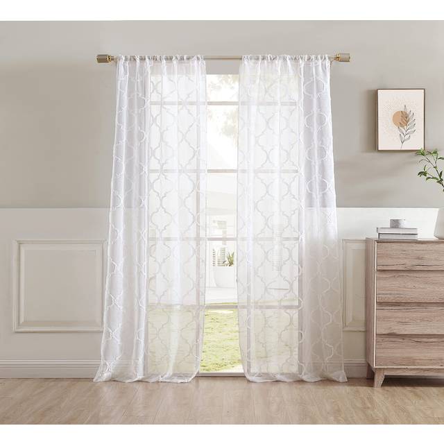 "Laura Ashley Berwyn Lattice Sheer Curtains with Rod Pocket  Each Panel Measures 38""""""""""""""""W x 84""""""""""""""""L  White  2 Panels"