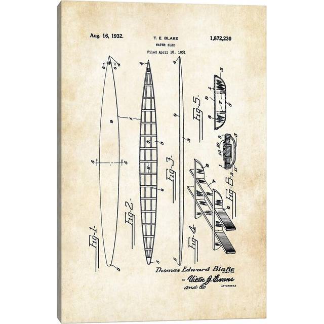 Tom Blake Surfboard (1932) - Wrapped Canvas Graphic Art (101.6 cm H x 66.04 cm W x 1.91 cm D)