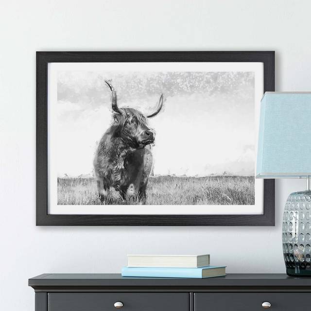 &#39;Highland Cow&#39; - Picture Frame Painting Print on Paper - Black (62cm H x 87cm W x 2cm D)