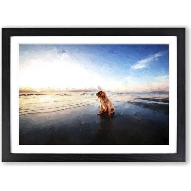 King Charles Spaniel upon the Beach in Abstract - Picture Frame Painting Print - Black (35cm H x 50cm W x 2cm D)