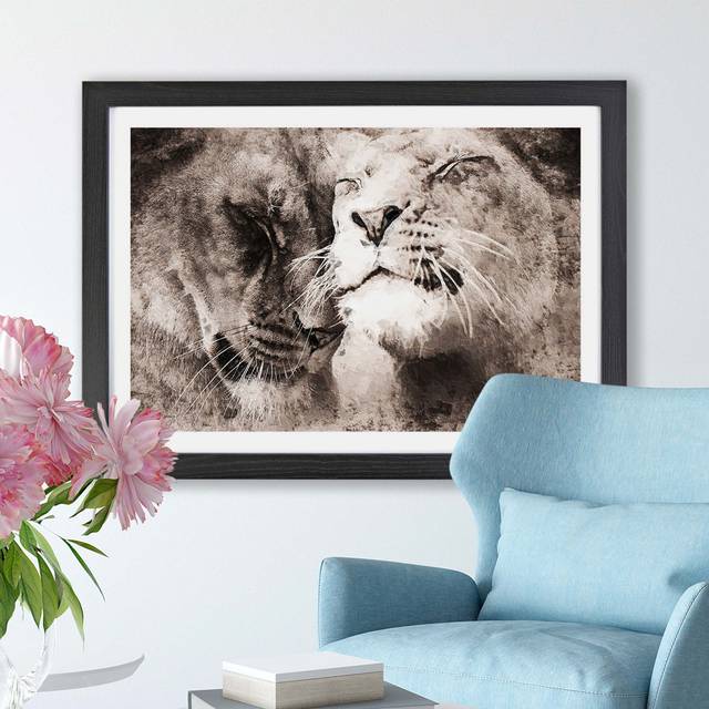'Pair of Loving Lions' - Picture Frame Graphic Art Print on Paper - Black (62cm H x 87cm W x 2cm D)