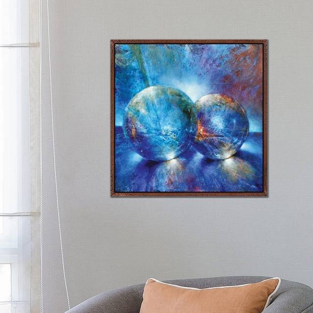 Two Blue Marbles by Annette Schmucker - Graphic Art on Canvas - Brown Framed (66.04 cm H x 66.04 cm W)