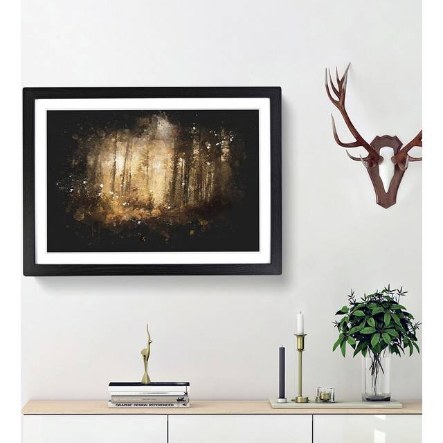 Forest In An Orange Glow Paint Splash - Picture Frame Graphic Art - Black Framed (62cm H x 87cm W x 2cm D)