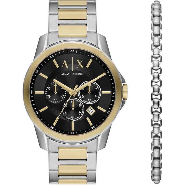 Armani Exchange Men's Black Dial Black Tone Bracelet Watch & Bracelet Set