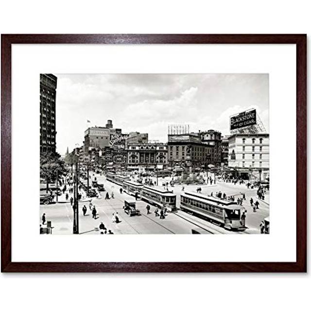 Vintage Photo Cityscape Black and White Picture Woodward Avenue Traffic 1917 Life Detroit Artwork Framed Wall Art Print 12X16 Inch - Brown - One Size