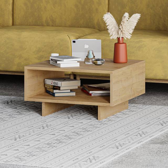 Sled Coffee Table with Storage Modern Square Design with Open Compartment - Natural (32cm H X 60cm W X 60cm D)