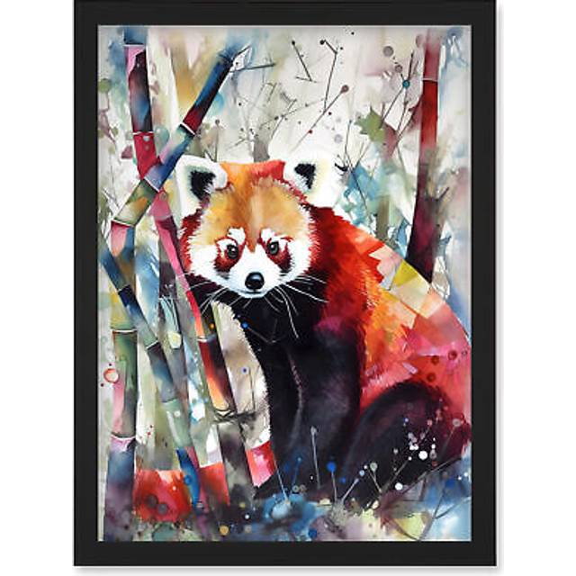 Red Panda In Bamboo Forest Folk Art Artwork Framed Wall Art Print A4 - Black - One Size
