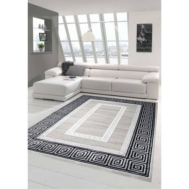 Teppich-Traum Designermatta, modern matta, vardagsrumsmatta med prydnadskant, grå grädde, svart, storlek 80 x 300 cm