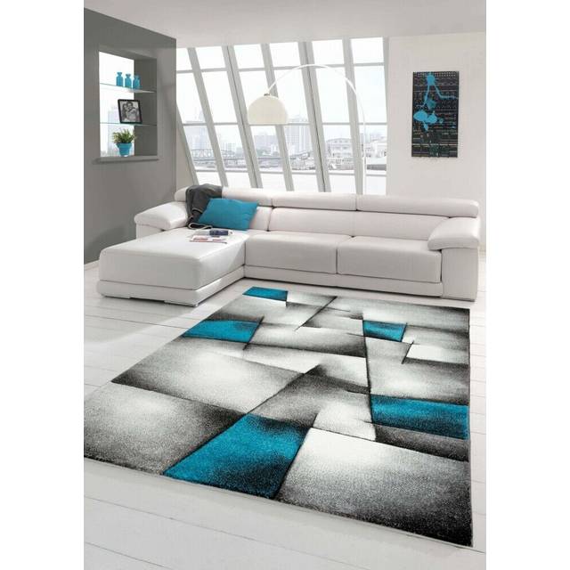 Matta dröm designer matta modern matta vardagsrum matta kort lugg matta med kontursnitt rutmönster turkos grå vit svart storlek 80 x 150 cm