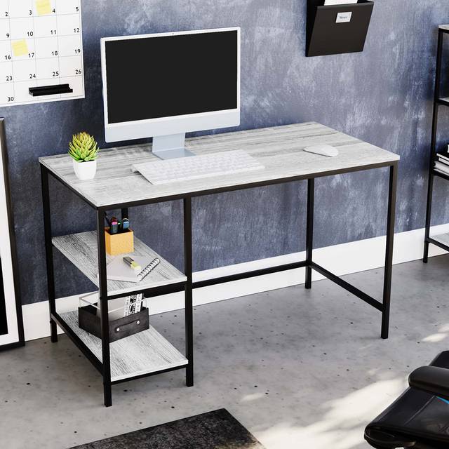 Sylvie Industrial Style Computer Desk With Storage Shelves and Metal Legs Home Office Workstation - Grey (120cm W X 60cm D)