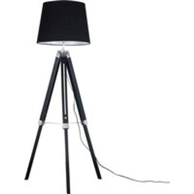 Modern Black Wood and Silver Chrome Tripod Floor Lamp with a Black Tapered Light Shade