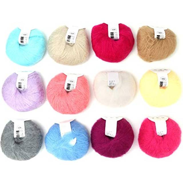 Popular Soft Mohair Knitting Angora Wool Yarn for DIY Knitting (with a Crochet)(12 Colors a Set)