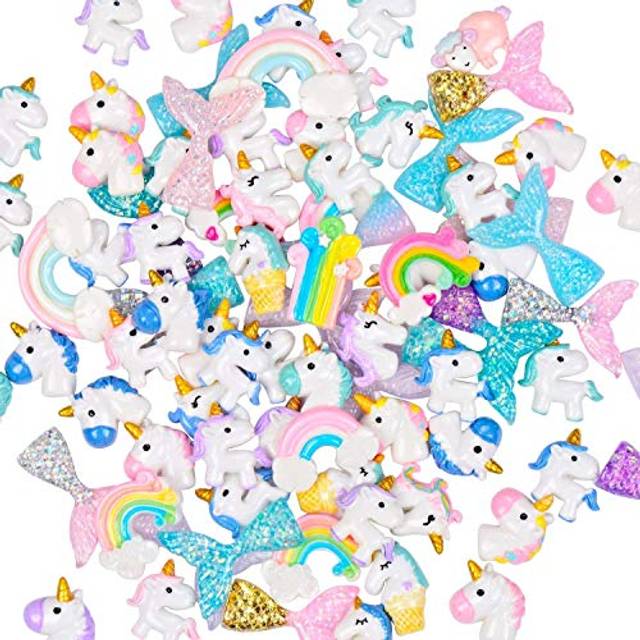 90pcs Unicorns Slime Charms Cute Set with Mermaid Tails Rainbows Slime Beads Resin Flatback for Scrapbooking DIY Crafts Whith Storage Boxes