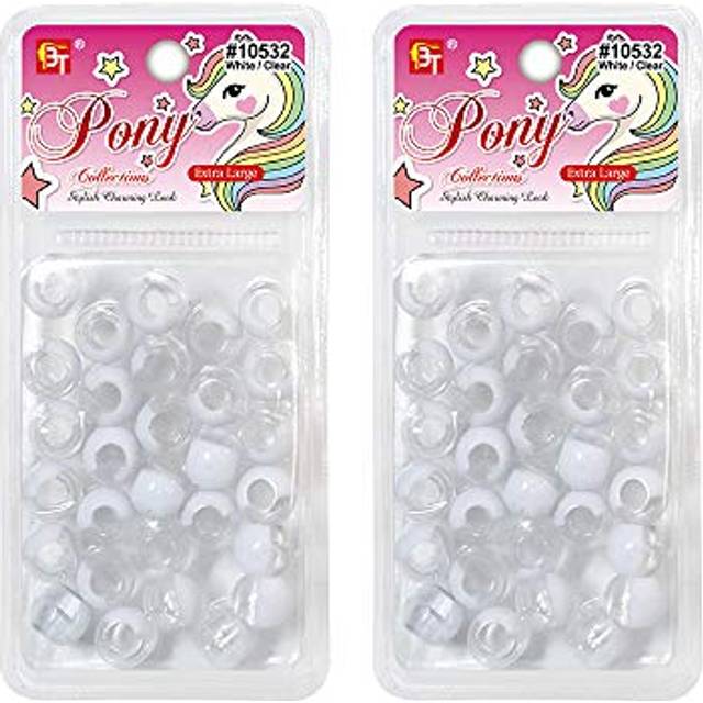 60 Pcs Beads Jewelry Making Kit DIY Hair Braiding Bracelet Ornaments Crafts Extra Large Round Two Tone Pony +2 Beaders Included (White/Clear)