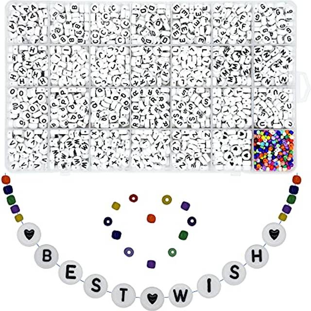 2220Pcs 4 x 7mm White Round Acrylic with Sorted Black Letter Alphabet Beads  Heart Beads  Mini Size Pony Seed Beads for Making Jewelry  Necklaces  Bra