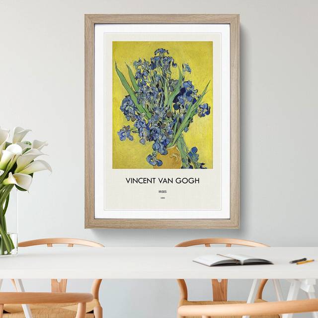 Iris Flowers in a Vase by Vincent Van Gogh - Picture Frame Art Prints - Oak Framed (36cm H x 27cm W x 2cm D)