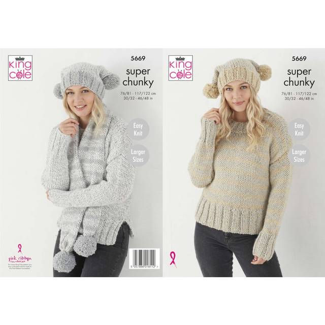 King Cole 5669 Super Chunky Knitting Pattern Ladies Sweater Hat Scarf
