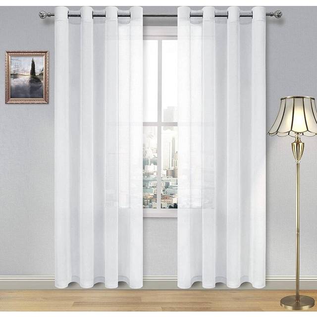 DWCN White Sheer Curtains Linen Look Semi Transparent Voile Grommet White Curtains for Living Dining Room Drapes 52 x 84 Inch Long  Set of 2 Panels