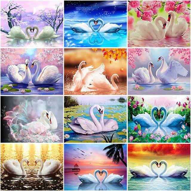 (Navy Blue, 20X30CM) DIY 5D Diamond Painting Swan Animal Mosaic Full Round Diamond Embroidery Landscape Lake Rhinestone