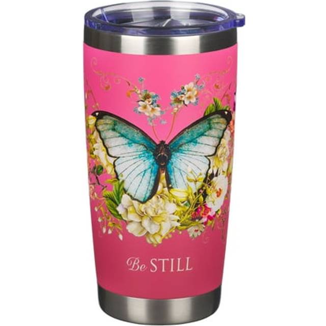 Christian Art Gifts Stainless Steel Double Wall Vacuum Insulated Travel Mug 18 oz Butterfly Pink BPA-free Tumbler with Retractable Lid Inspirational S