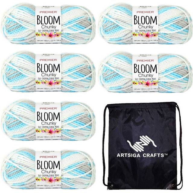 Premier Yarns Bloom Chunky Bluebell 1114-07 (6-Skeins - Same Dye Lot) Chunky Bulky #5 Acrylic Yarn for Crocheting and Knitting with Project Bag