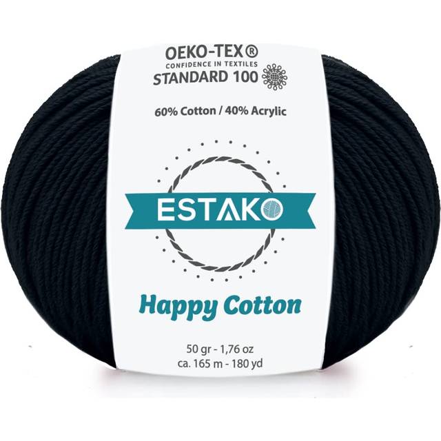 Estako Happy Cotton  60% Cotton 40% Acrylic Yarn  Soft  Fine/Sport (2) for Crochet and Knitting 1.76 Oz (50g) / 180 Yrds (165m) (4810 - Black)