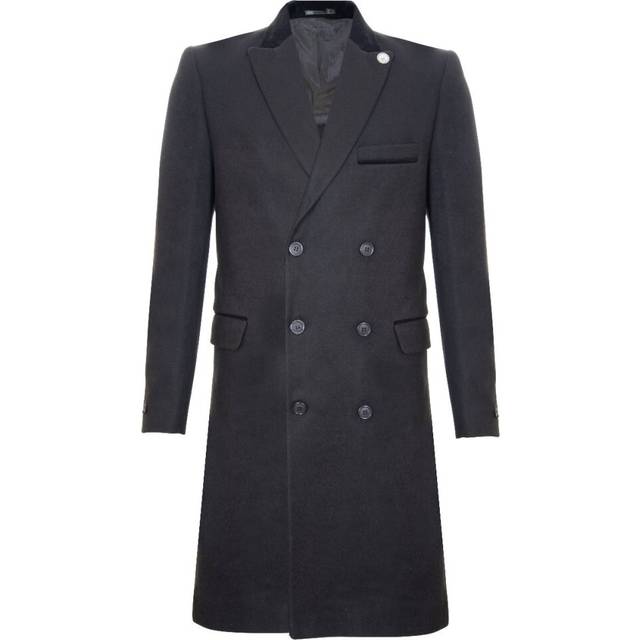TruClothing Mens 3/4 Black Long Double Breasted Crombie Overcoat Wool Coat Peaky Blinders - Size 38 (Waist)