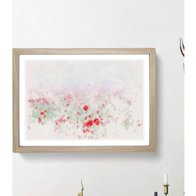 Red Poppy Field in Italy - Picture Frame Painting Print - Oak Framed (45cm H x 63cm W x 2cm D)