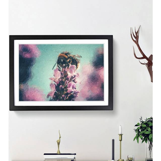 Bee on a Purple Flower - Picture Frame Painting Print on Paper - Black Framed (24cm H x 33cm W x 2cm D)