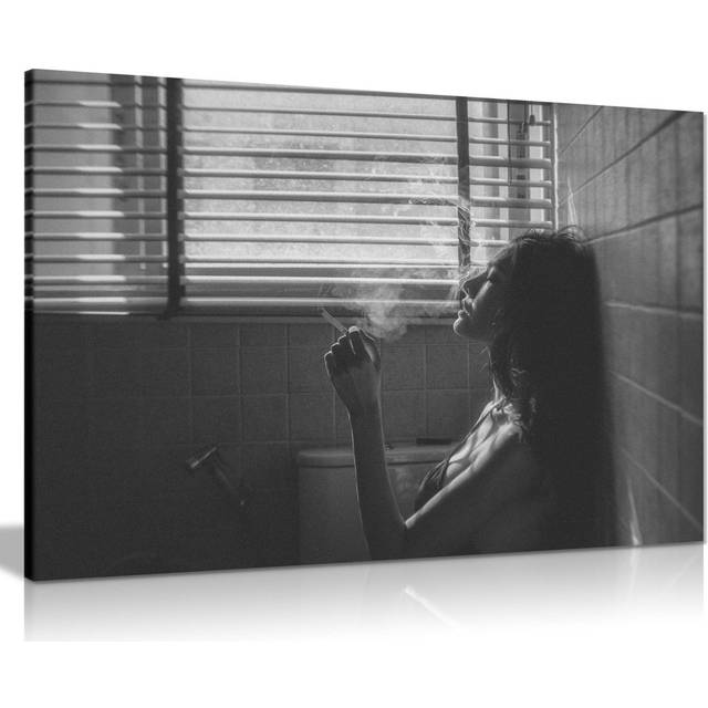 Panther Print Fine Art Prints Black & White Smoking Woman In Bathroom Artistic Framed Canvas Print, Pictures For Home Walls, Bedroom, Living Room & Ba (61cm H x 41cm W)
