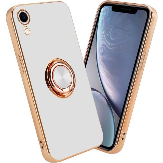 (Glossy White - Gold) Cadorabo Case for Apple iPhone XR with ring Protective Cover made of flexible TPU silicone, with camera protection and magnetic