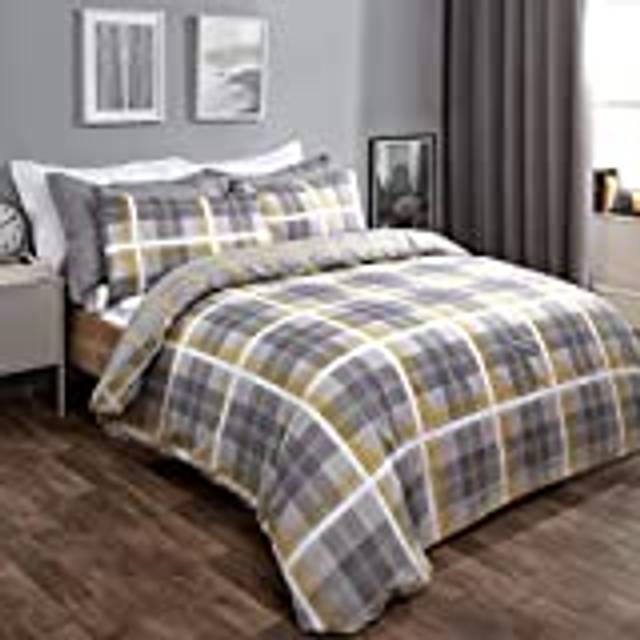 Dreamscene Denim Check Duvet Cover Set, Grey/Blush - Single - Pink
