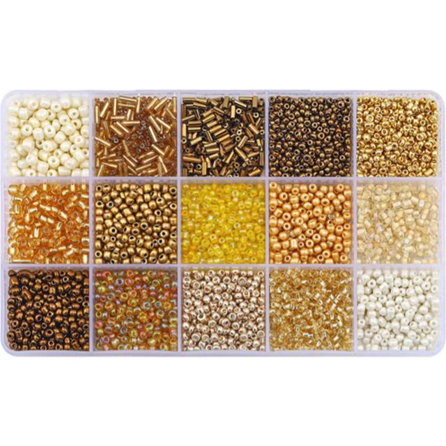 Basigeese Mix 15 Color Glass Seed Beads Tube Beads Glass Bugle Beads Loose Kit for Jewelry Making DIY Craft Beading (Mix 15 Color  Gold)