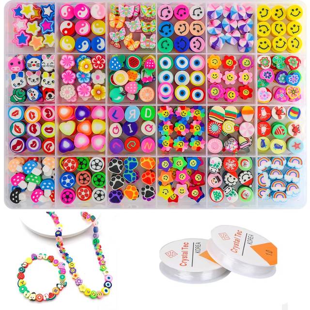 480PCS Fruit Flower Polymer Clay Beads  Cute Smiley Heart Mushroom Cla