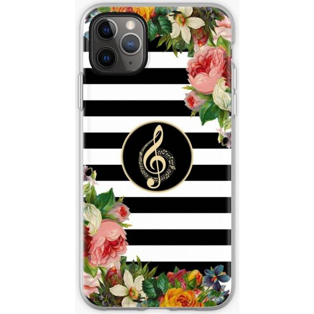 Phone Case Musical Notes On Vintage Flowers And Black And White Stripes for iPhone Samsung 14 13 12 11 Plus Pro Max Galaxy S23 S22 Ultra Note 20 10