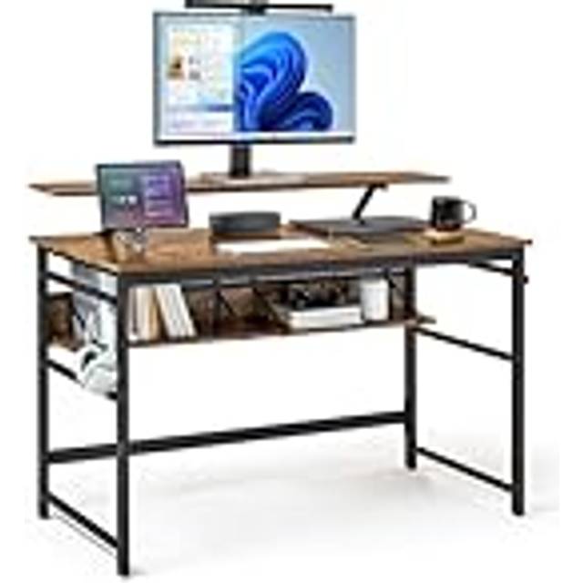 Mondeer Computer Desk, Workstation Writing Desk with 2 Adjustable Storage Shelves and Large Monitor Stand, Space Saving for Home Office Studio, 120 x